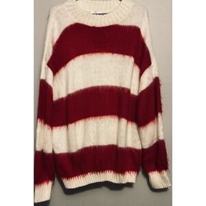 NWT Woman BP STRIPED OVERSIZED BRUSHED SWEATER Size S Fuzzy Long Slve White Red